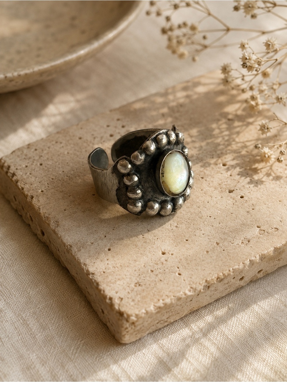 The Mad Cow Co. | Handmade Silver tone Moonstone Ring - Yellow Moonstone Accent